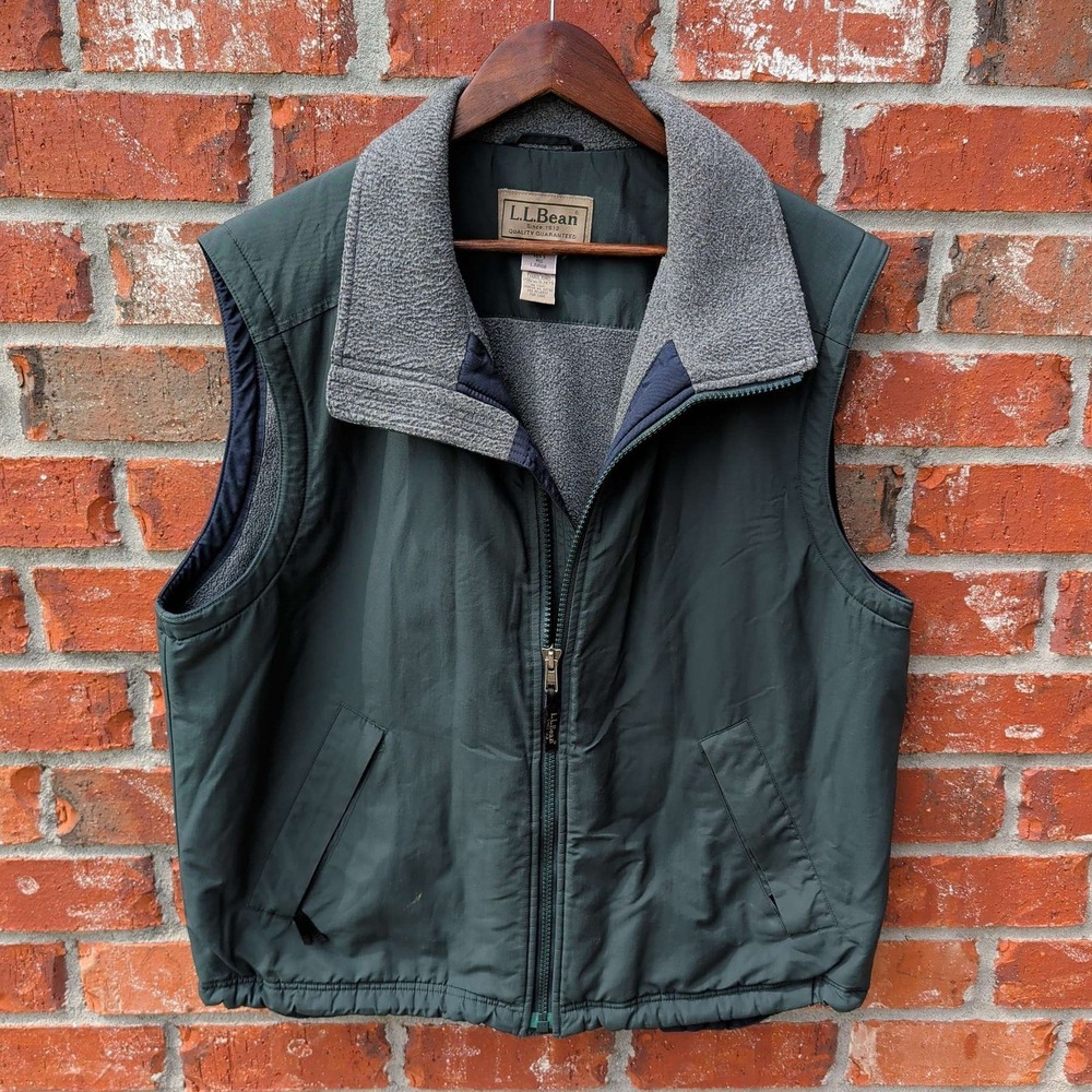 L.L. Bean Warm-Up Vest Mens Large Green Fleece Lined Full Zip Nylon Puffer Shell